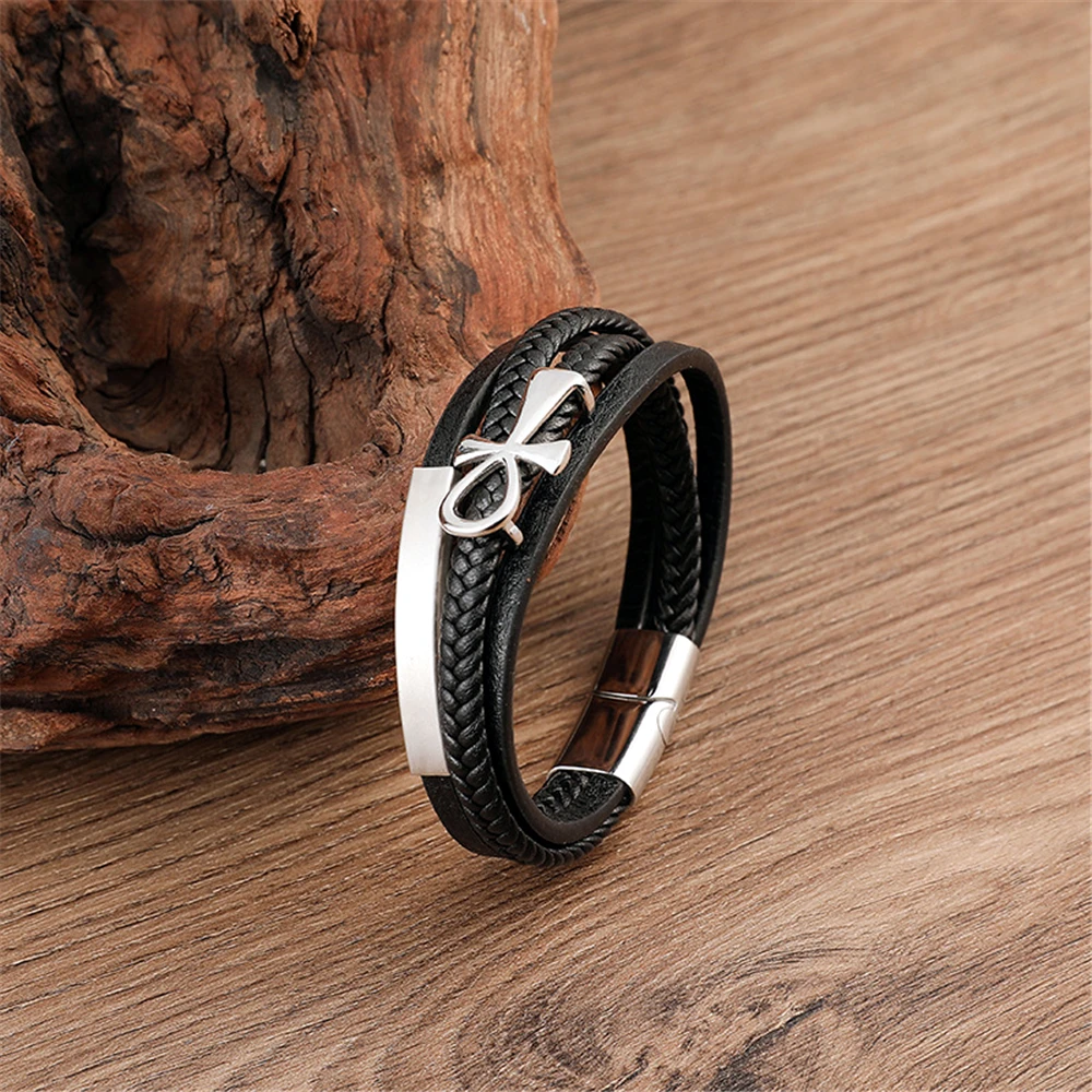Мужской Многослойный кожаный браслет на запястье из нержавеющей стали |