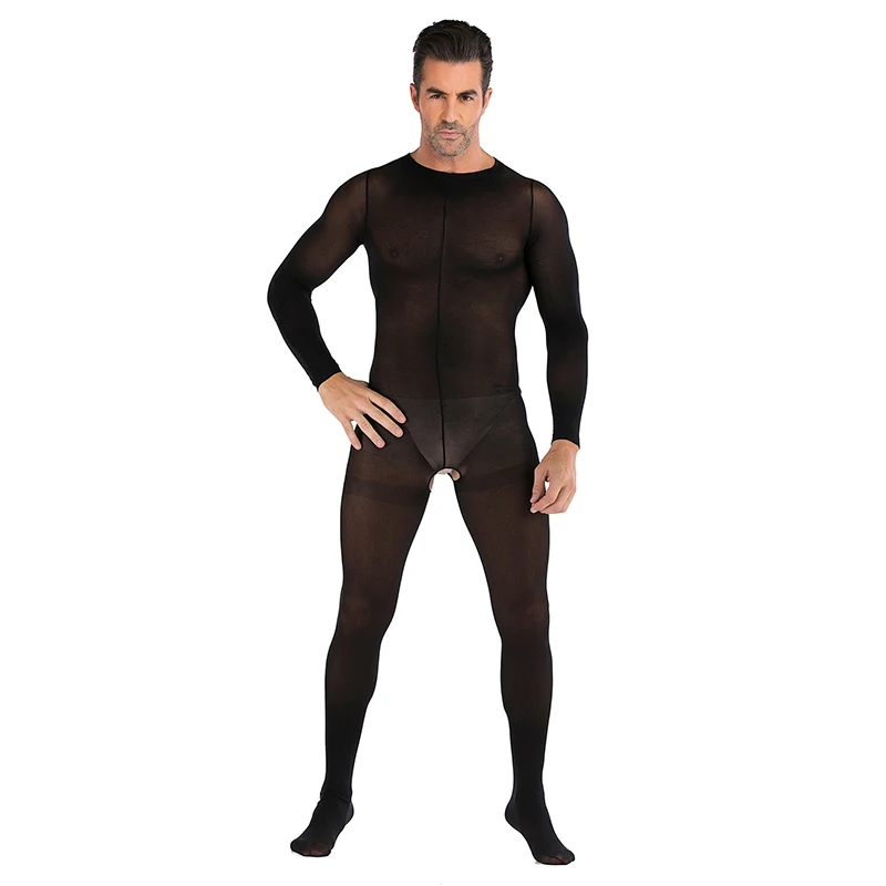 

Men Sexy Solid Color See Through High Stretch Open Crotch Jumpsuit Round Neck Long Sleeve Nightclub Pajamas Bodysuit Underwear