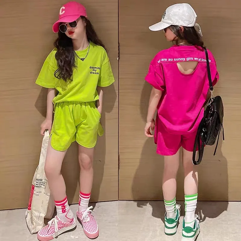 

Girls' Clothes Summer Suit Children's Fashion Comfortable Short Sleeve Shorts 2 Piece Set 3-12Y 2023