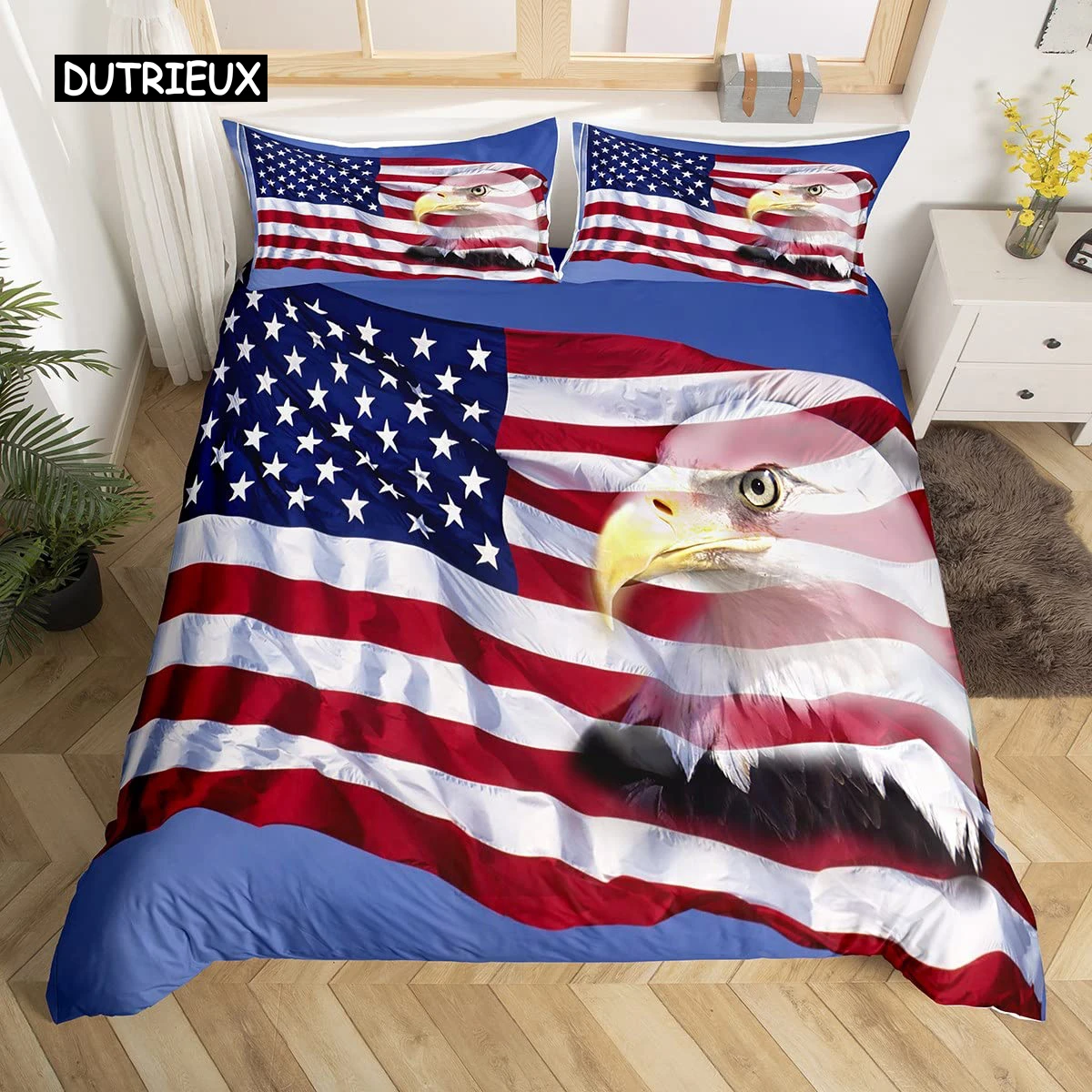 

American Flag Duvet Cover Microfiber Bald Eagle Patriot United States Flag Bedding Set Independence Fourth of July Quilt Cover