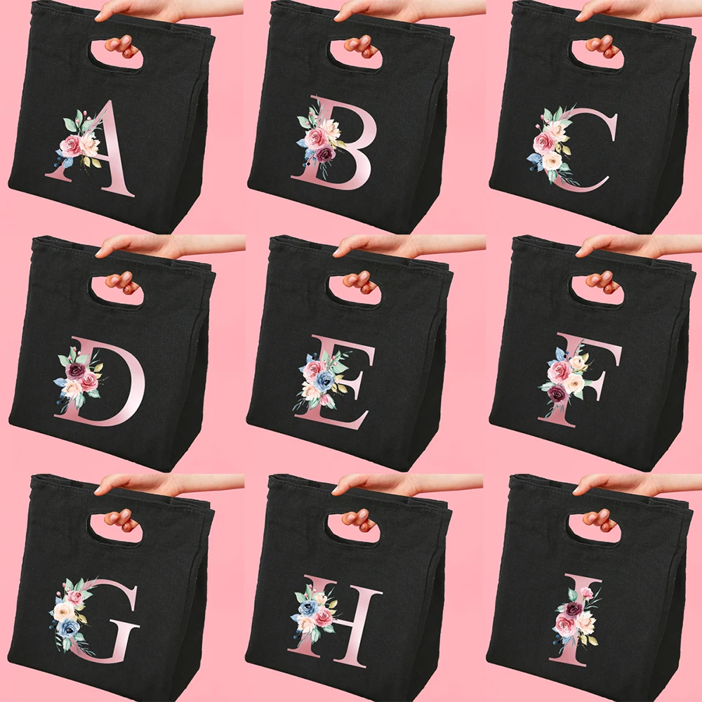 

Pink Floral Alphabet Women Fashion Lunch Bag Foldable Reusable Canvas Girl Food Storage Bags Cooler Handbag Loncheras De Mujer