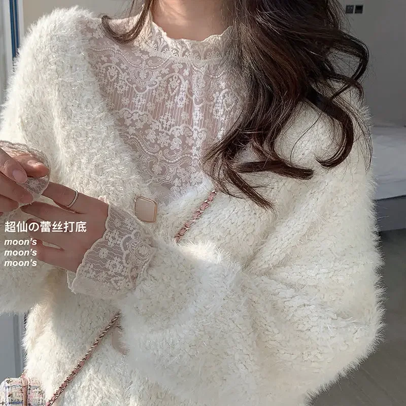 Блузка женская кружевная осенняя рубашка с длинным рукавом и высоким воротником