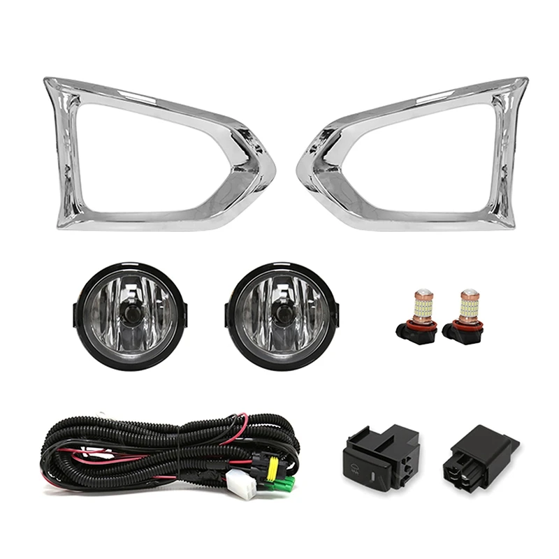 

1Pair Front Bumper Fog Light+Chrome Cover+Wiring+Switch Kit LED Lamp Daytime Light For Nissan Patrol 2014-2019