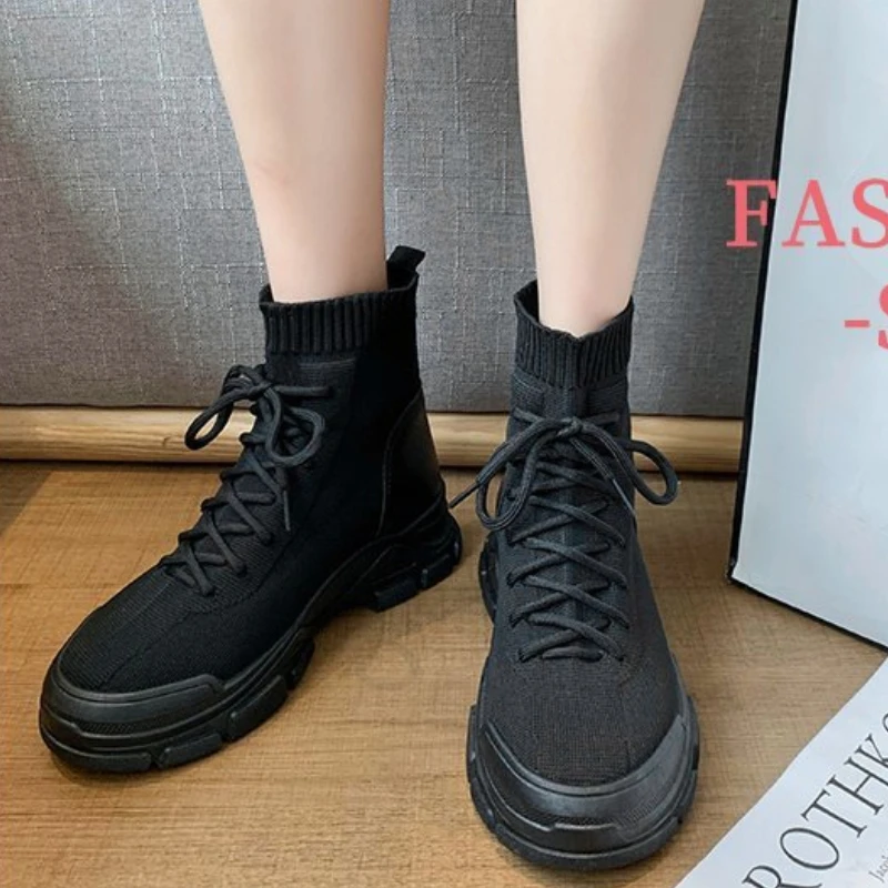 

Ботильоны женские на платформе, вязаные кроссовки-носки, удобная обувь в готическом стиле, панк, черные, на толстой подошве, Осень-зима