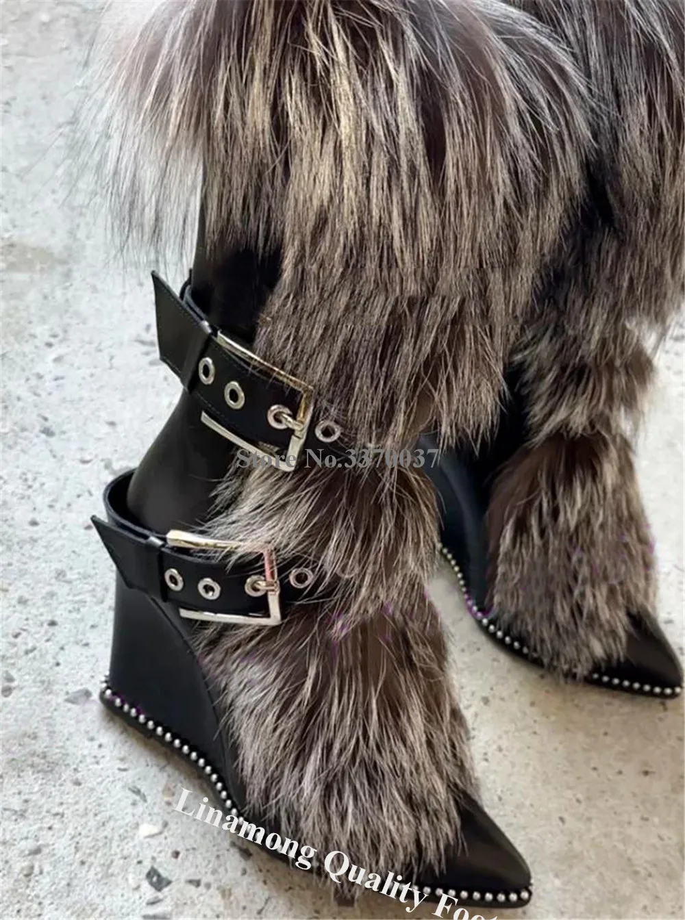 Linamong Роскошные ботинки на танкетке до середины икры украшенные натуральным