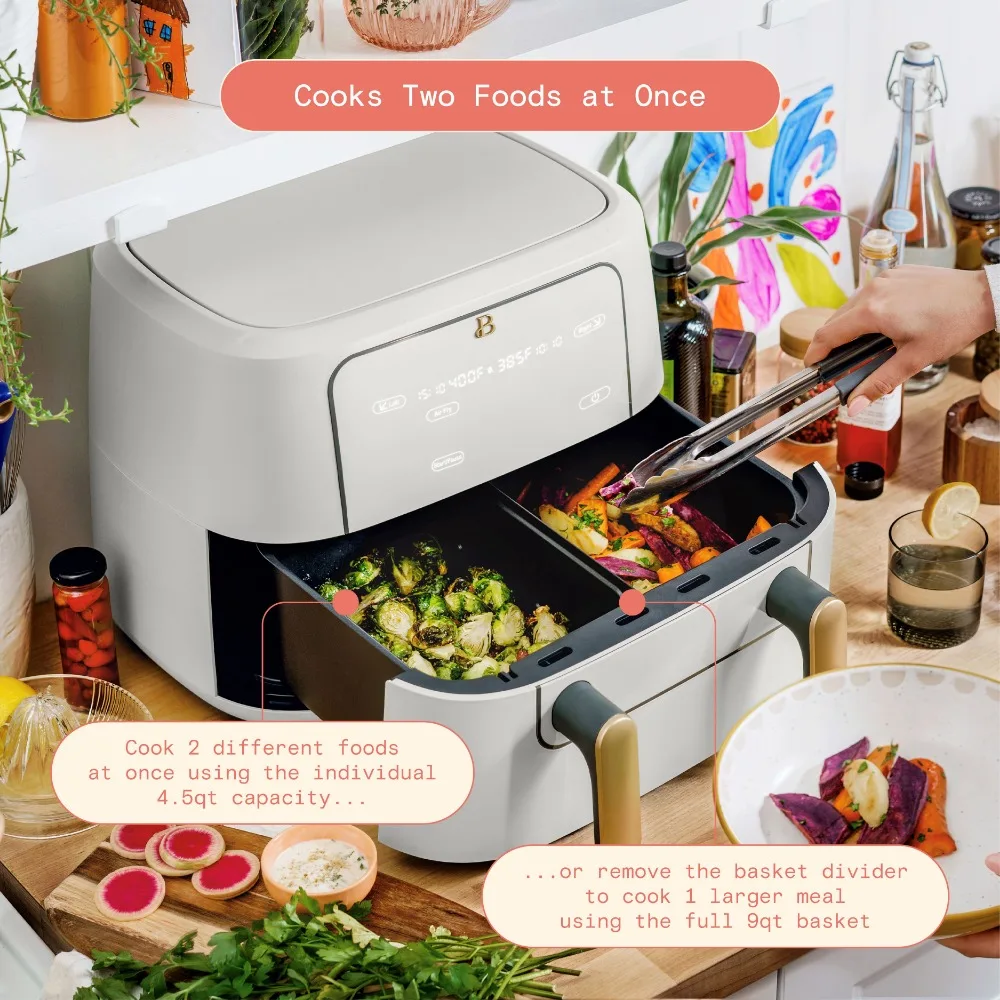 

Beautiful 9QT TriZone Oil-free Air Fryer, White Icing By Drew Barrymore,Dishwasher Safe Parts, Digital Display Airfryer