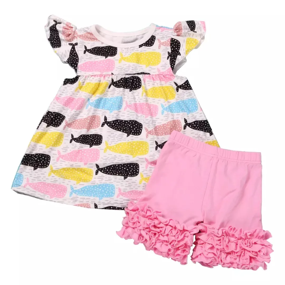 

Summer Boutique Girls Cute Small Fish Print Tunic Three Ruffle Lace Shorts Two-piece Set Children's Clothes Wholesale