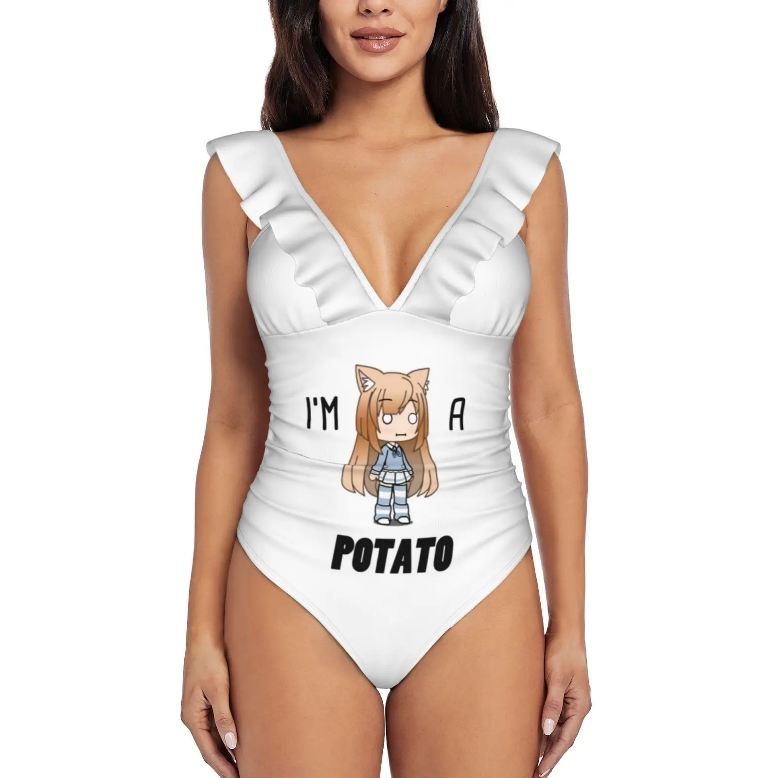 

Монокини Картофельная гача, новый слитный купальник с оборками, женский сексуальный купальник, женский купальный костюм с принтом, Gacha Gachalife