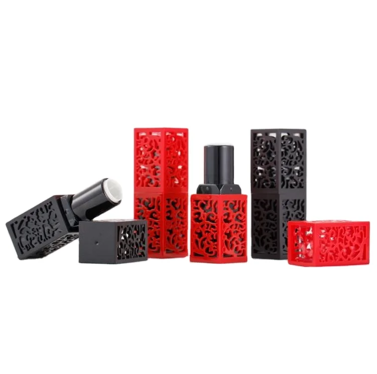 

200Pcs Stock Cosmetic Packaging Black Red Luxury Hollow Carving Lipstick Tube Empty packaging