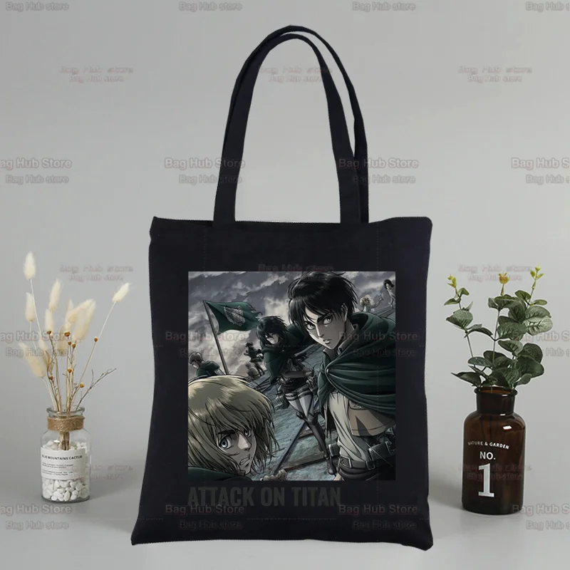

Attack on Titan Custom Tote Bag Shopping Black Shingeki No Kyojin Japan Anime Final Season Travel Canvas Bags Eco Shopper Bag