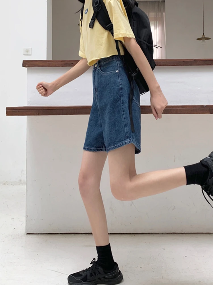 New Summer Women Wide Leg Button Blue Denim Shorts Streetwear Female High Waist Loose Jeans Shorts Bottoms