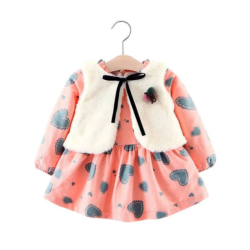 Autumn winter new girls love padded dress+vest and shawl two-piece suit princess dresses long-sleeved Children baby clothing