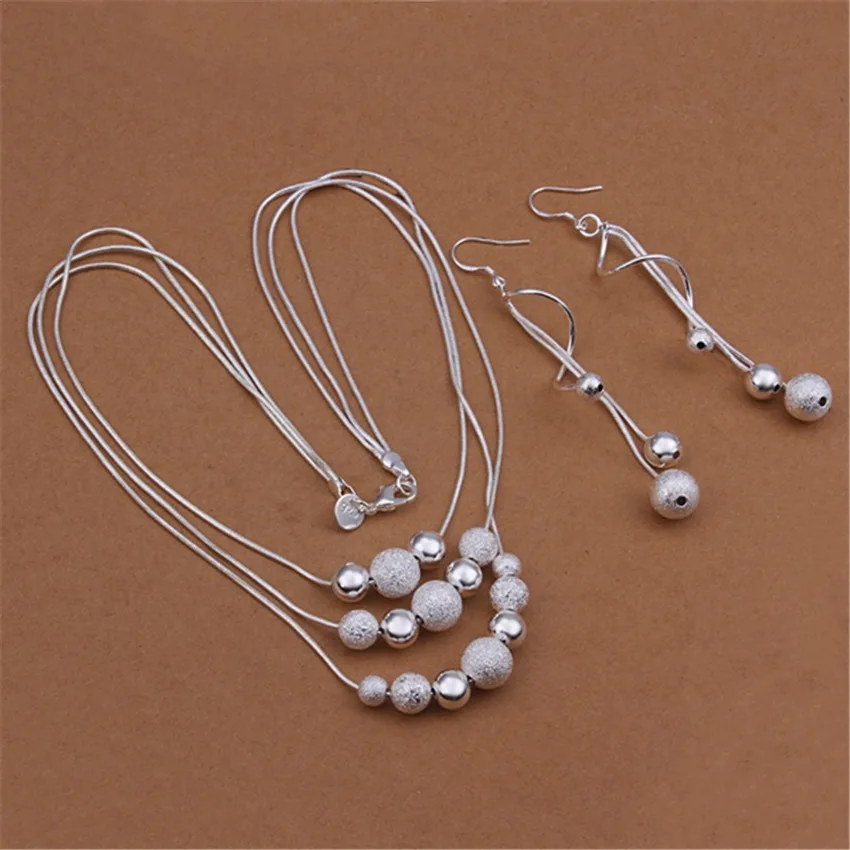 

Charm 925 Sterling Silver Jewelry sets for women 18 inches Fringed beads necklace earrings Fashion Party wedding Christmas Gifts