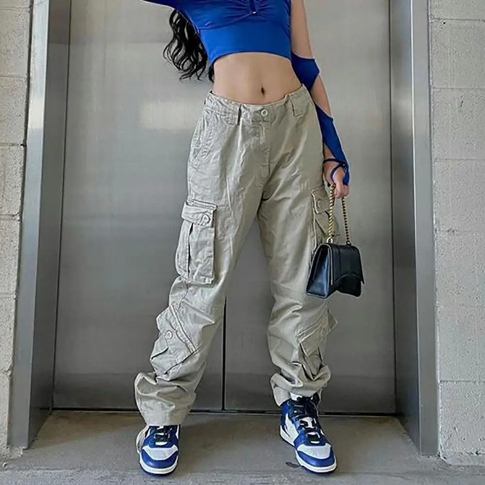 

Multiple Pockets High Waist Zipper Button Fly Women Sweatpants Casual Loose Straight Wide Leg Cargo Pants Streetwear Overalls
