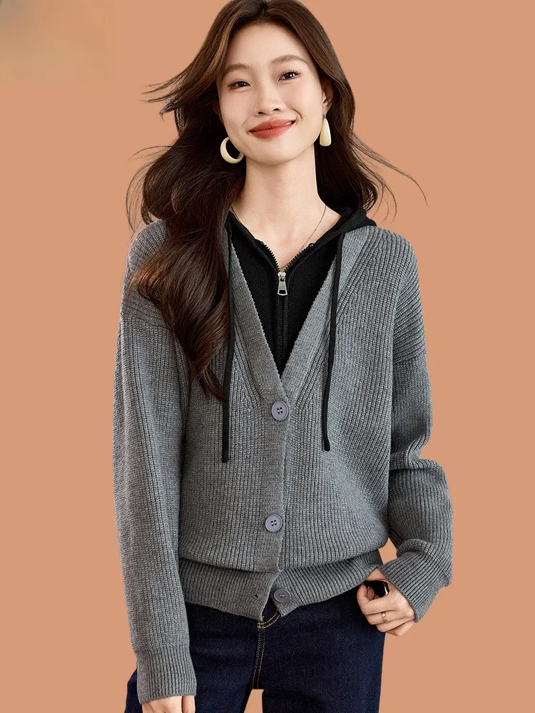 Вязаный кардиган с капюшоном женский осенне-зимний новый вестерн Sle