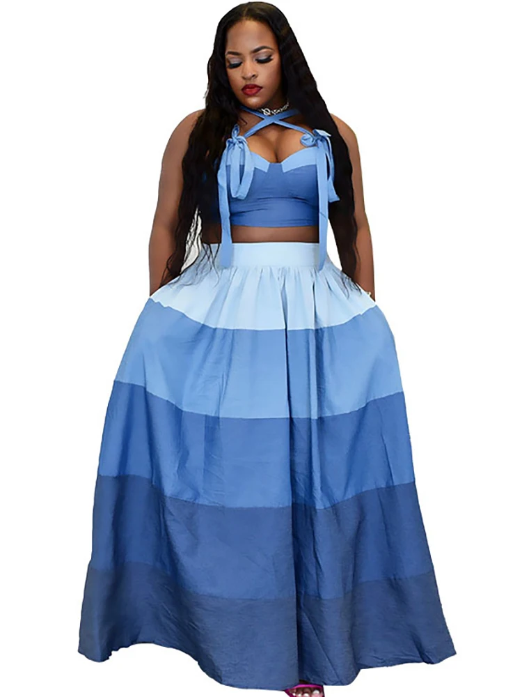 

African Skirts Sets Women Clothes Bandage Crop Top And Long Skirt Suit Summer New Gradient Stripe Print African Outfits Clothing