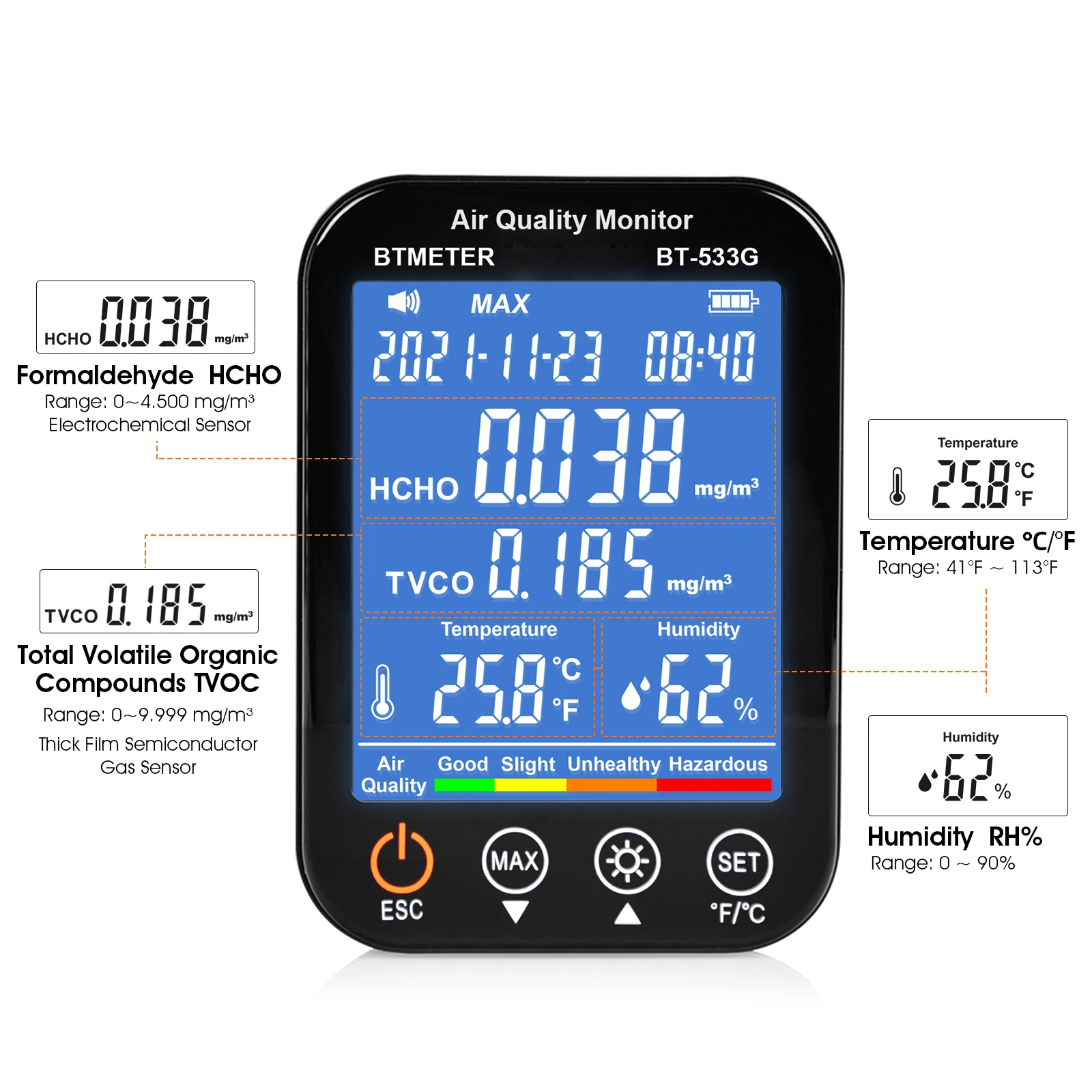 Фото BTMETER 4-в-1 для помещений, монитор качества воздуха, формальдегидный HCHO/детектор TVOC точный тестер, профессиональный для домашнего использования №3