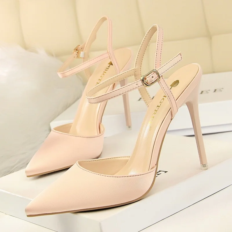 

Women's Shoes Stiletto High-heeled Satin Shallow Mouth Pointed Toe Sexy Nightclub Slim One-word Strap Sandals