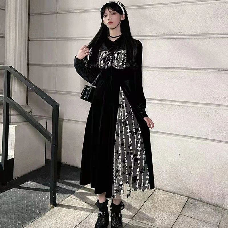 

Bow Drawstring Lace Rose Printed Patchwork Velvet Square Collar Korean Gothic Fashion Long Vintage Elegance Woman Dress