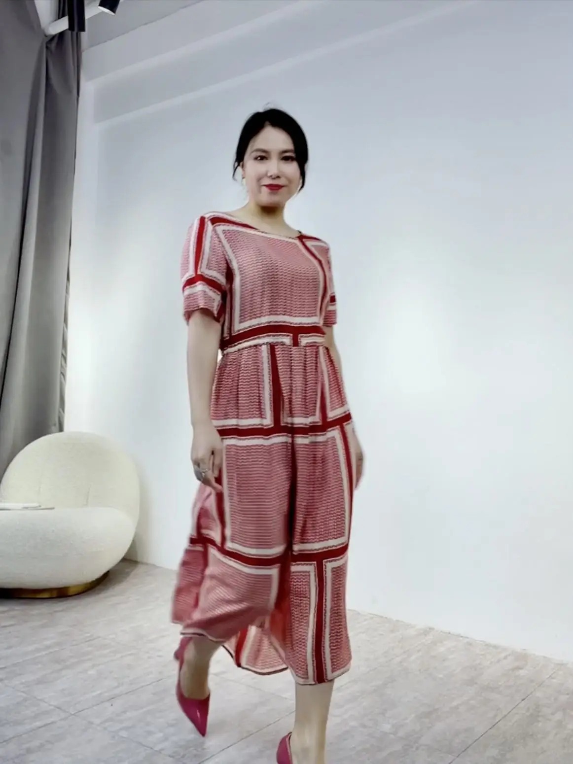 

Casual Plaid Draw String Silk Dress