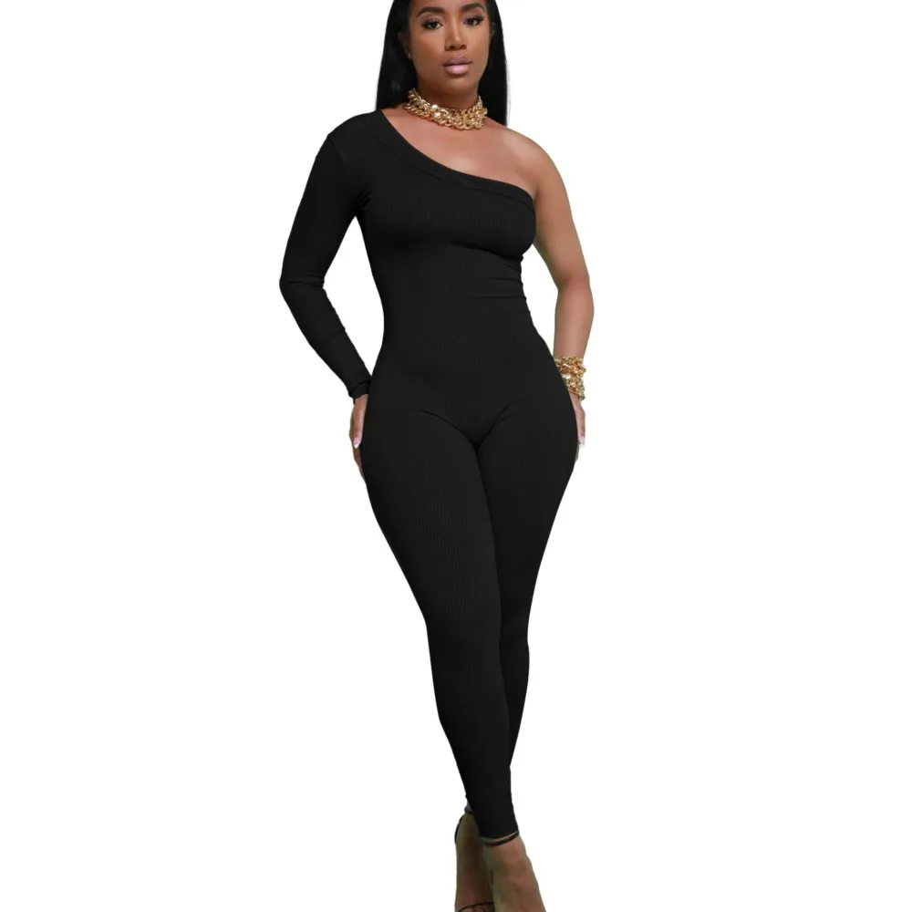 

Сексуальный Облегающий комбинезон с диагональными плечами для женщин, облегающий однотонный комбинезон на одно плечо, повседневные женские Комбинезоны на весну
