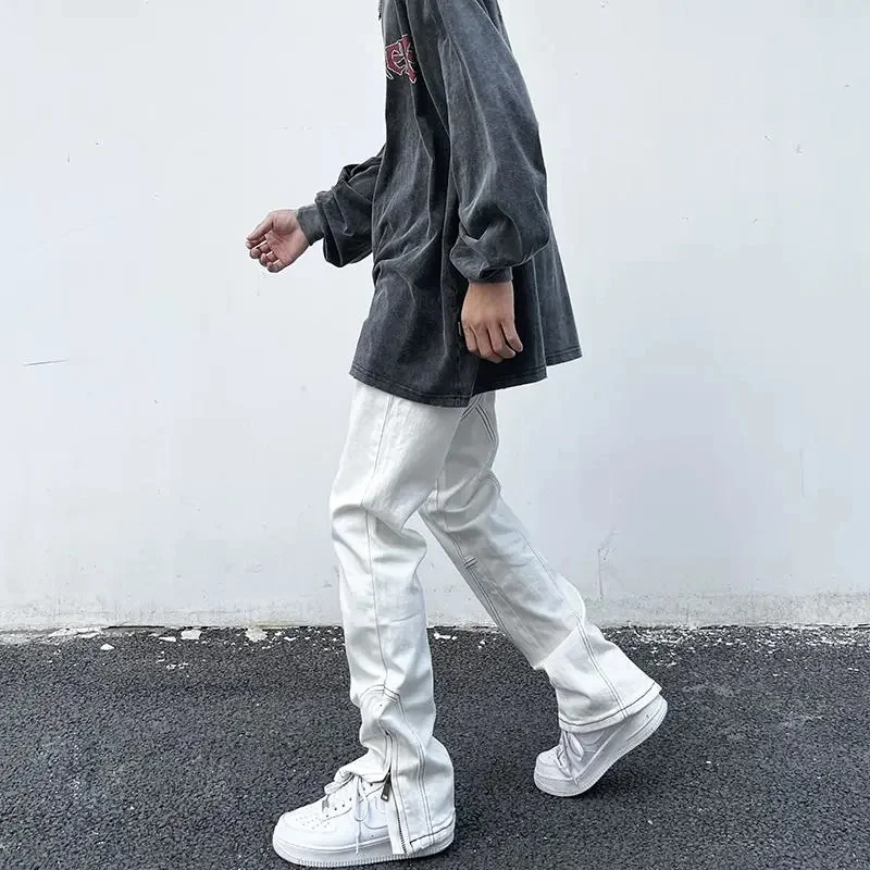 DEEPTOWN Zipper Jeans Men Techwear Hip Hop Denim Pants Straight Trousers Male Causal Skinny Korean Streetwear Fashion Black