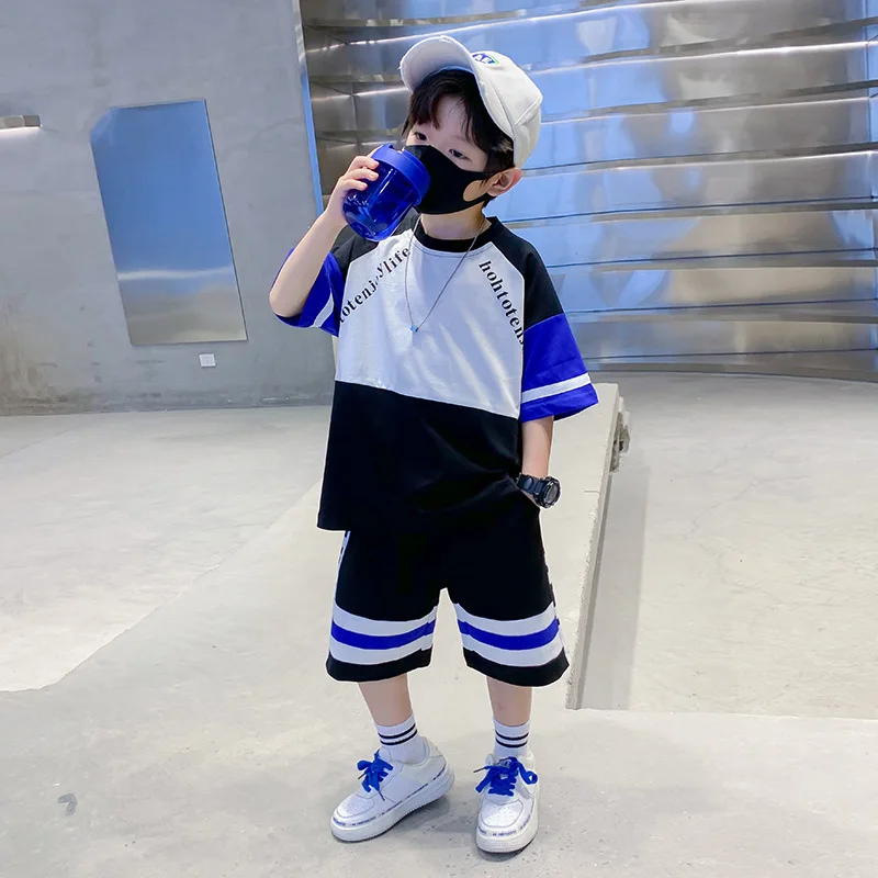 

4-14Y Children Clothing Teen Boys Suit 2022 New Summer Clothes Short-Sleeved Cotton Shirts+Shorts 2Pcs Casual Patchwork Outfit