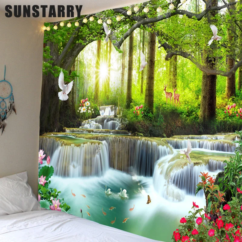 

Красивый натуральный лес, большой настенный гобелен с принтом водопада, настенный гобелен с видом на море в стиле хиппи, богемный Настенный ...