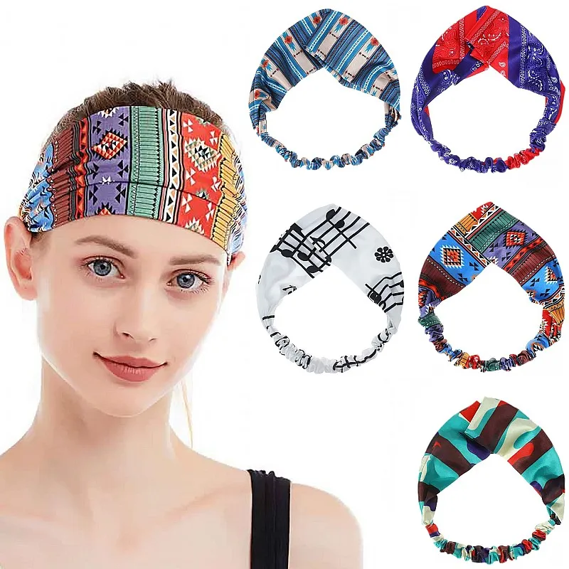 

New Boho Flower Print Wide Headbands Knot Elastic Turban Hair Ties Headwrap For Women Girls Cotton Soft Bandana Hair Accessories