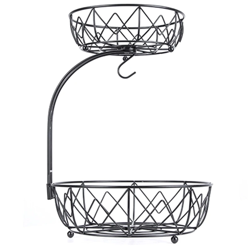 

Modern Household 2-Tier Fruit Basket Bowl With Banana Hanger Hook Wrought Iron Countertop Vegetable Display Organizer