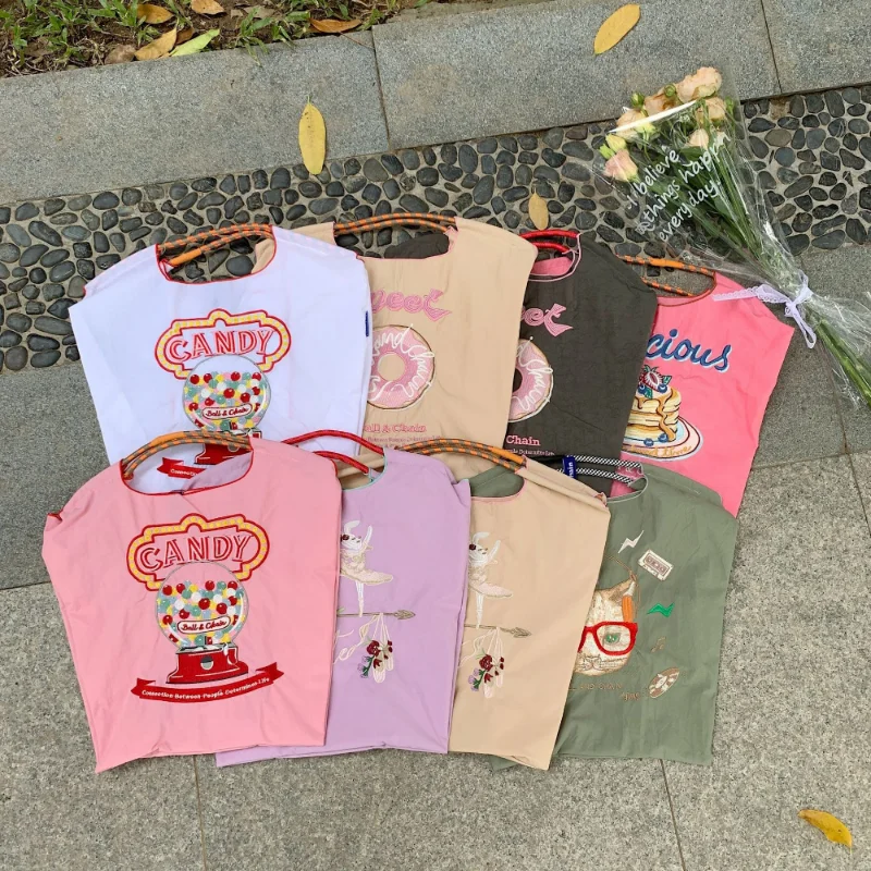 LOERSS Fashion Embroidered Shopping Bags for Women Cute Colorful Tote Bag Large Capacity Japan Ball Chain New Deisgner