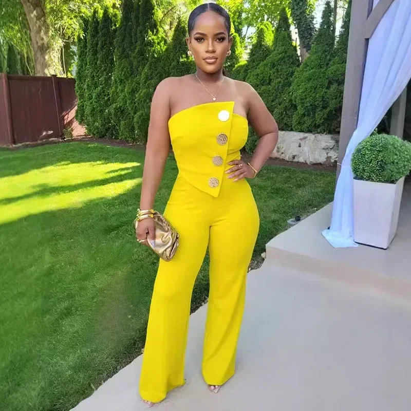 Женский комбинезон с открытыми плечами без бретелек широкими штанинами