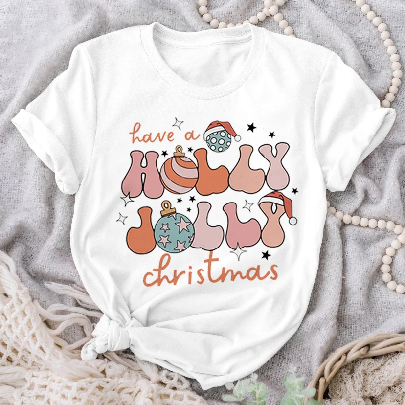 

Harajuku Cute Cartoon Letter Printed Short Sleeve T-shirt New Year Women's Merry Christmas Fashion T-shirt Printed Women's Casua