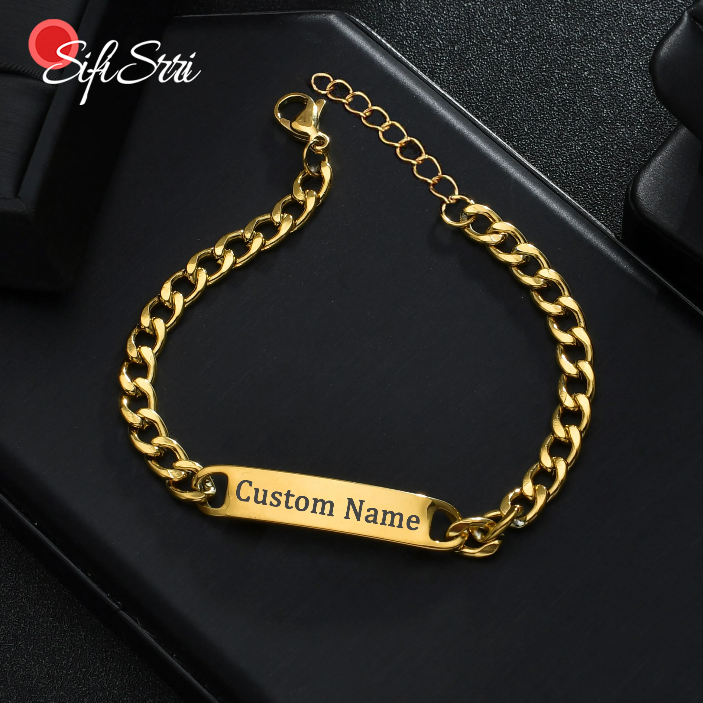 

Sifisrri Engrave Name Bracelet For Women Men Stainless Steel Adjustable Cuban Chain Boys Personalized Custom Date Jewelry Gift