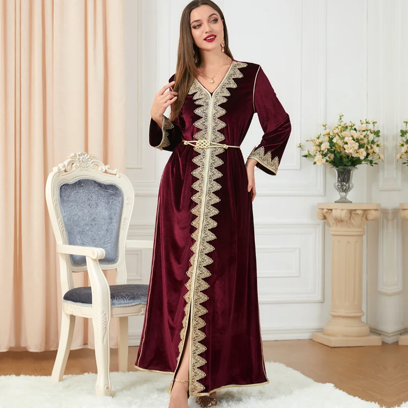 Winter Dresses Moroccan Kaftan Women Velvet Belted Muslim Party Evening Long Dress Dubai Turkish Abayas Navyblue