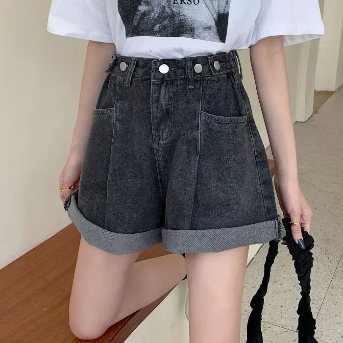 

2022 Summer Women New Chic High Waist Denim Shorts Female Loose Wide Leg Shorts Ladies Students Straight Shorts Jeans D133