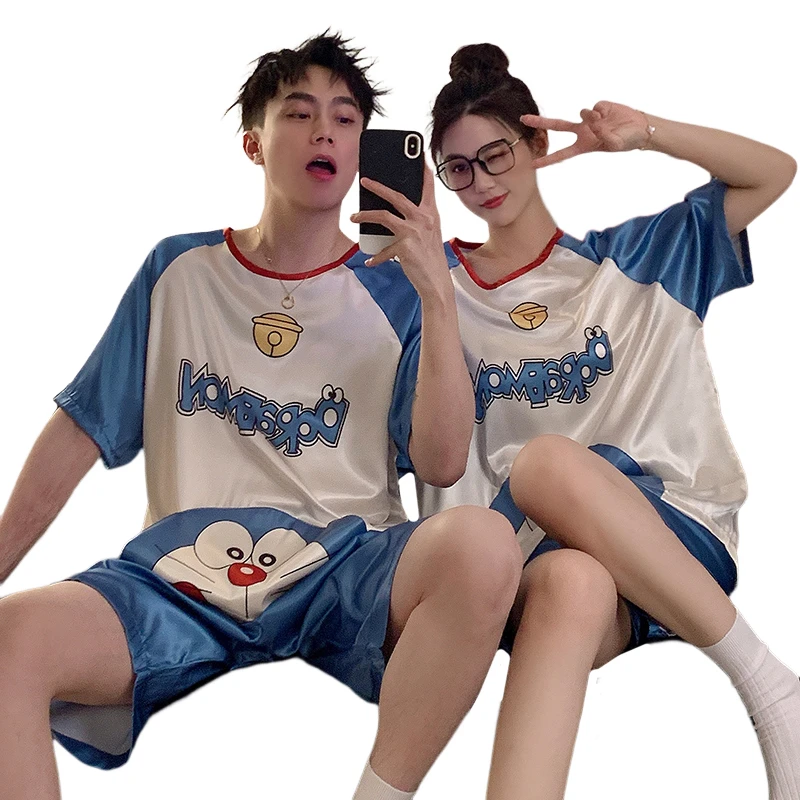 3XL Summer Pajama Sets Women Men Couple Leisure Home Clothes Pajamas Silk Cloth Pyjama Pour Femme Cartoon Doraemon Sleepwear