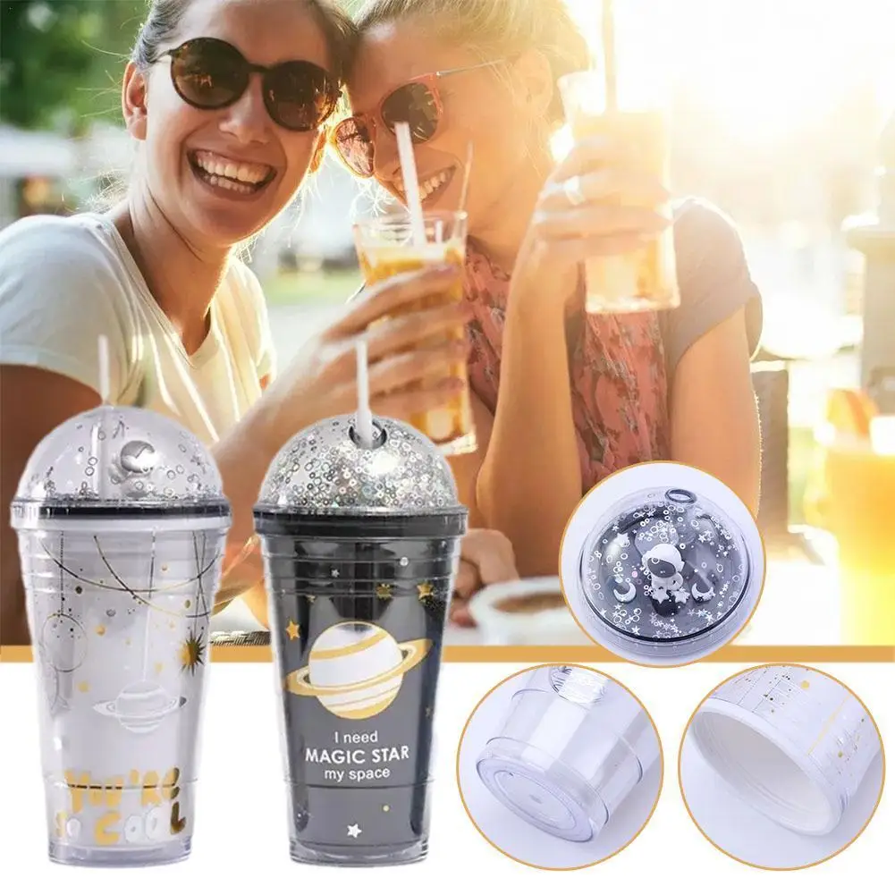 

450ml Double-layer Space With Lid Straw Cup Double Espresso Cup Milk Drinks Plastic Astronaut Plastic Coffee Cups Mugs 3d T4a2