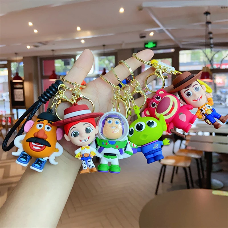 Anime Toy Story Action Figure Keychain Buzz Lightyear Strawberry Bear Hoodi Jessie Doll Keyring Bag Pendant Collectible Model