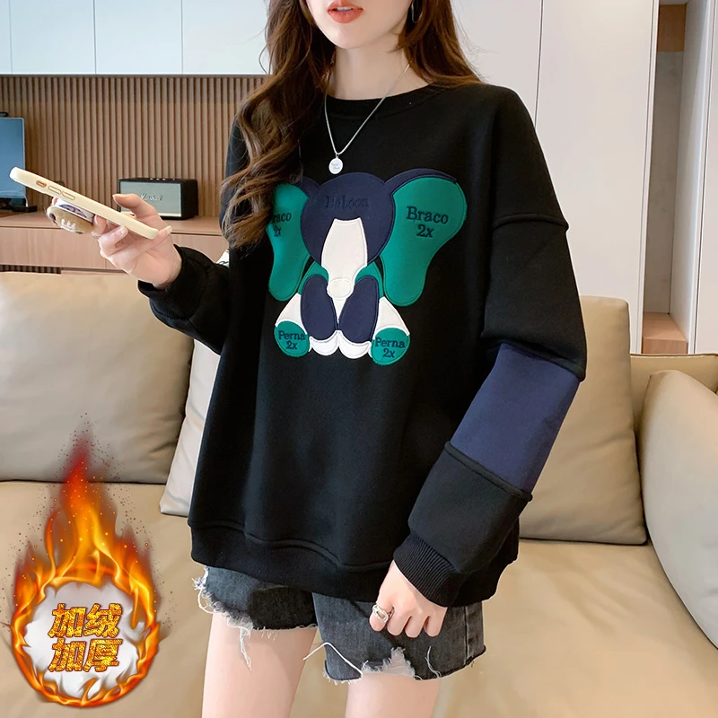 

Women Fleece Thickened Hoodies 2022 Winter Long Sleeve Loose Patchwork Hoodie Cute Embroidered Warm Casual Sweatshirt Pullovers