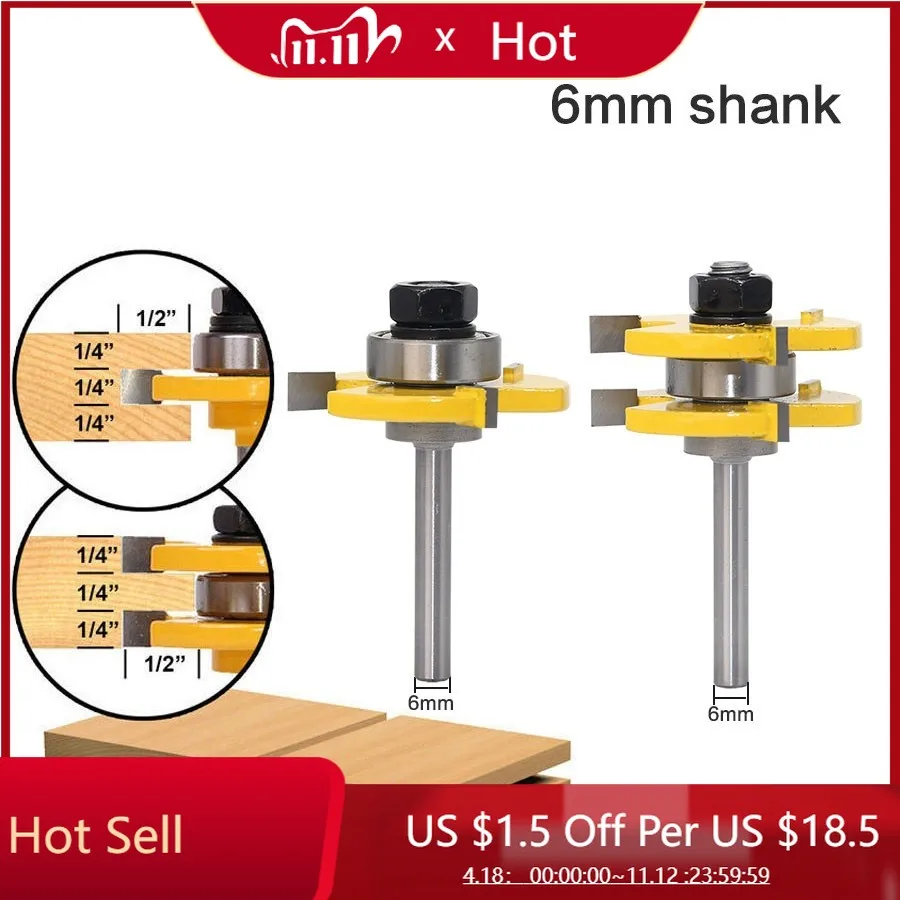 

2Pcs Router Bit 3 Teeth 6mm Shank Carbide Steel Cutter Tongue And Groove