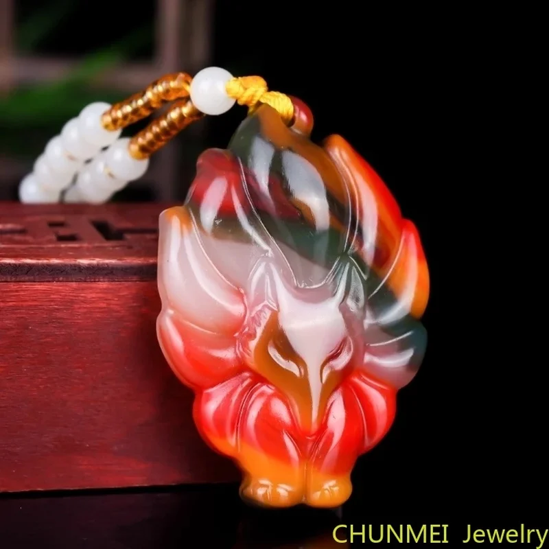 

Fashion Colour Seven-tailed Fox Jade Pendant Necklace Jewellery Chinese Hand-Carved Women Man Luck Gifts Amulet Free Rope