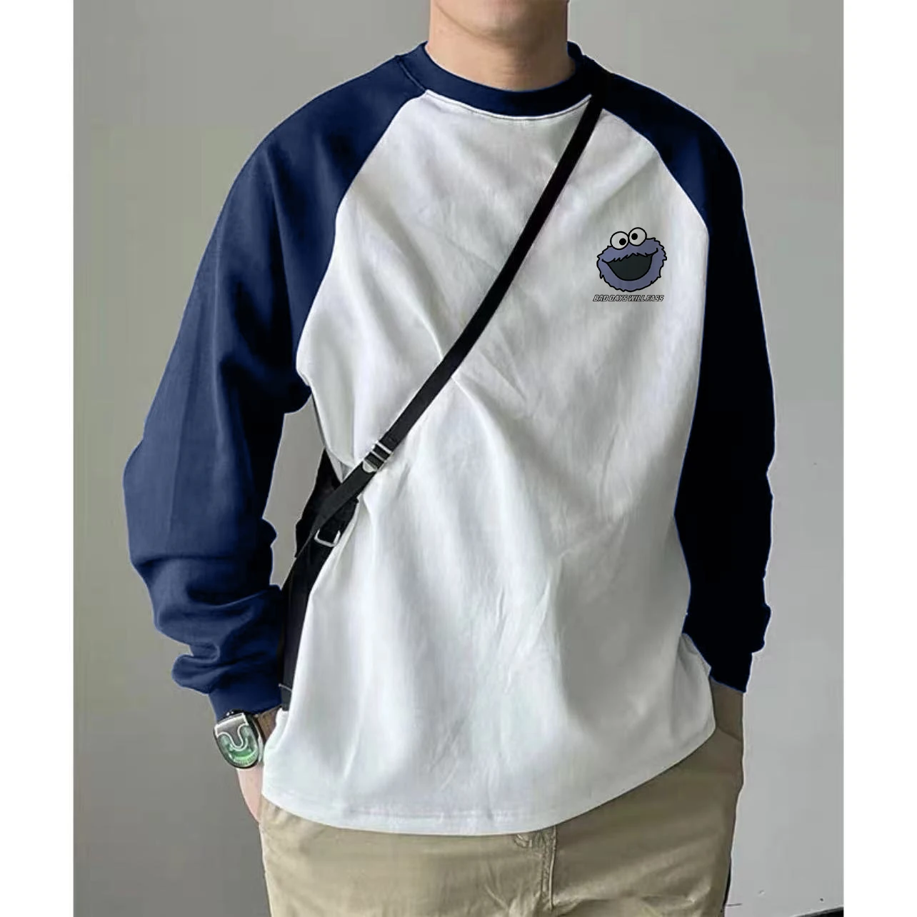  Cartoon Raglan T-shirt Long sleeve Male Couple Casual Inner wear Bottoming Shirt American vintage Contrast Color