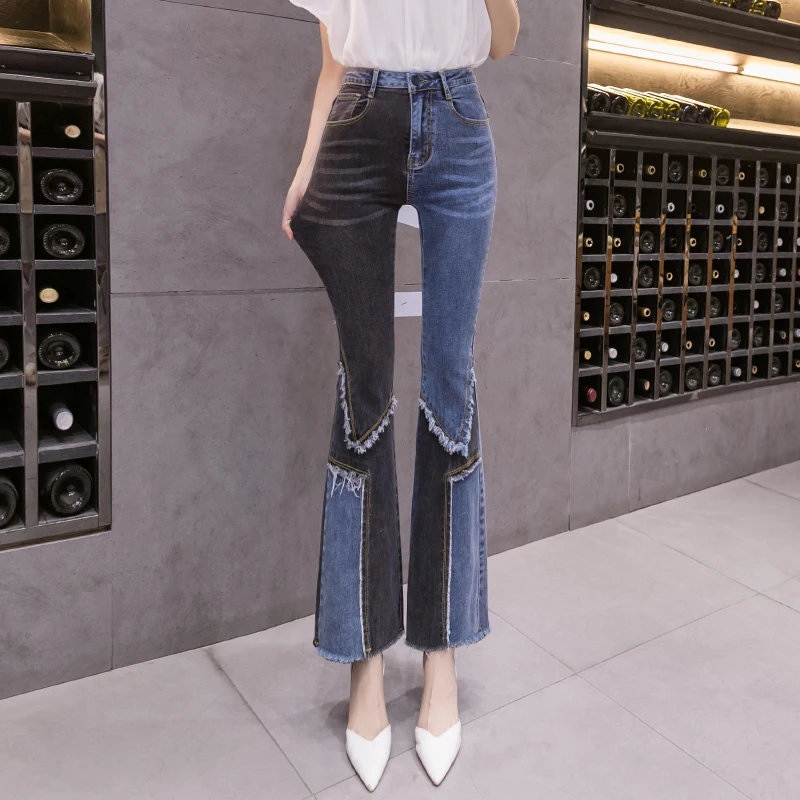 

2023 Spring Denim Retro Burrs Patchwork Bell-bottomed Pants Women High Waist Fashion Worn Out Hole Long Flare Jeans Plus Size 31