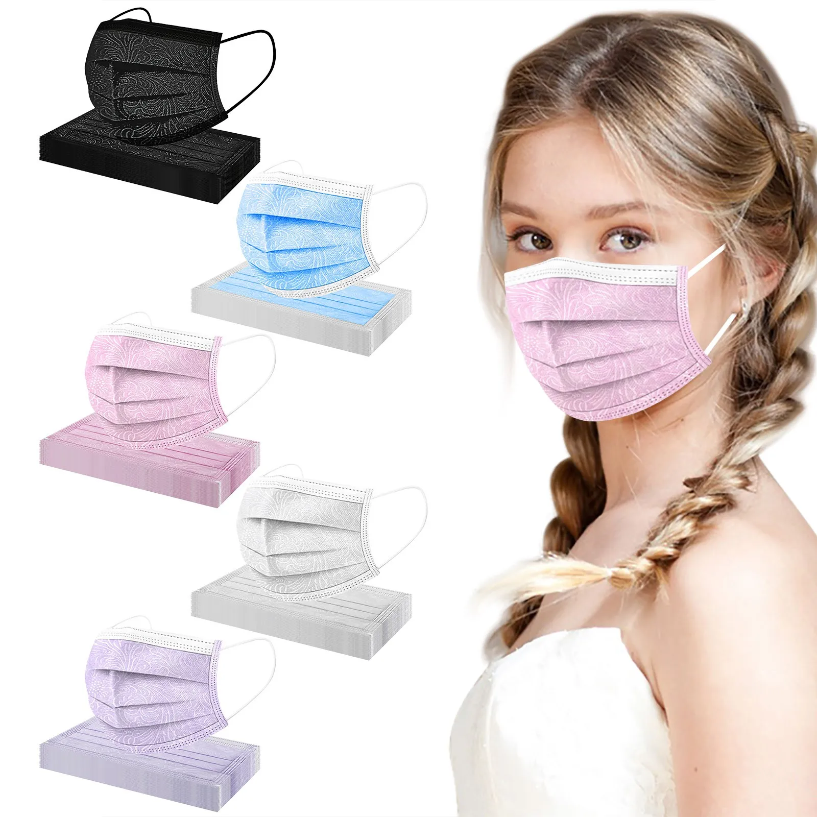

10pcs Adult Printed Embossing Mouth Masks Solid Color For Unisex Disposable Safetys Filter Pm2.5 Mask Earloop Bandage Masques