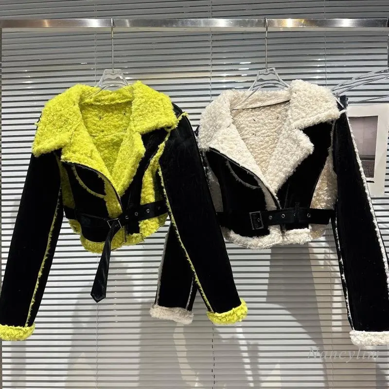 2022 Winter Green Lamb Fur Jacket Women New Street Style Frayed Belt Suede Fur PU Leather Coat High Waist Cropped Patchwork