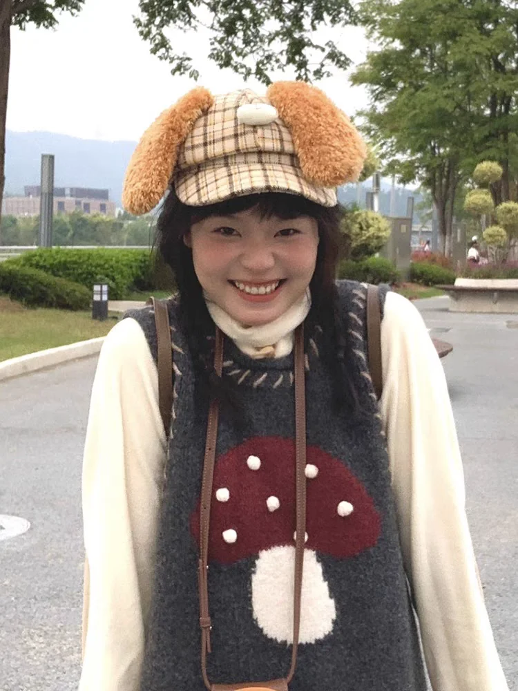 Butter Puppy Dog Plush Ears Plaid Hat Women Autumn and Winter Cute Warm Face Slimming Octagonal Beret