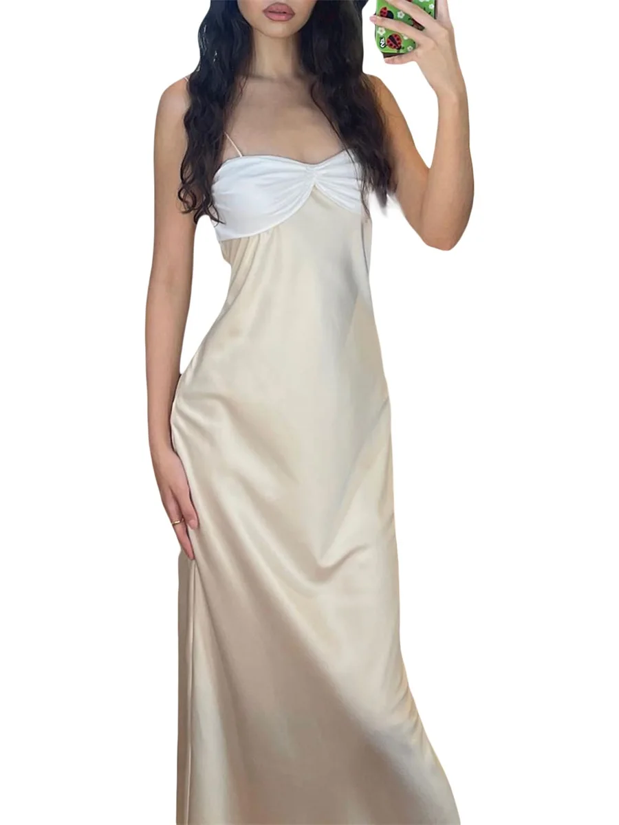 

YILEEGOO женское атласное длинное платье без рукавов на тонких бретельках с бантом спереди контрастные цвета вечернее платье