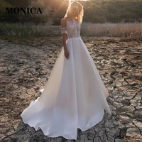 monica boho wedding dress tank lace satin pearl crew neck elegant beach bridal gown vestido de casamento