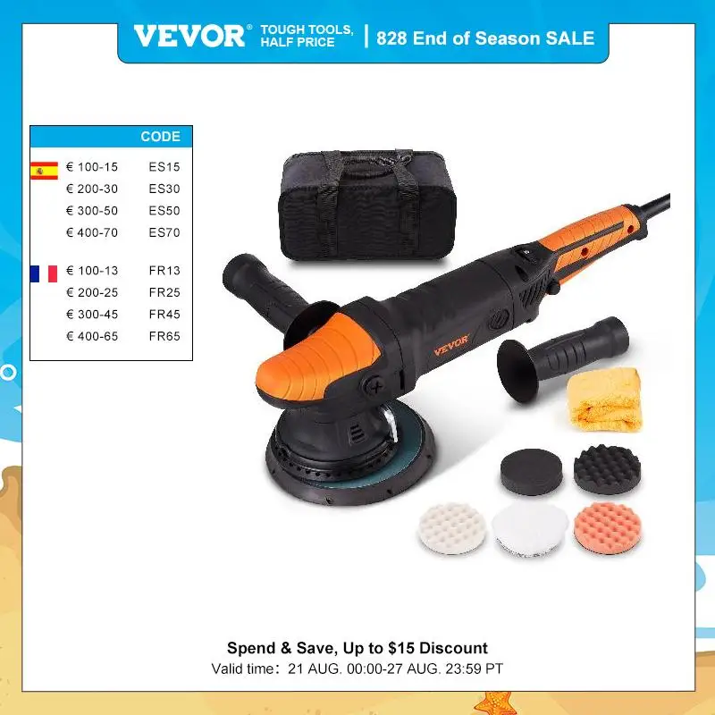 VEVOR 6 Inch Car Buffer Polisher Electric Variable Speed Dual Action Random Orbital Polisher Waxer Kit with Detachable Handle